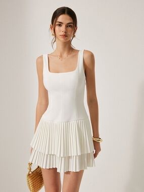 Commense White Square-Neck Pleated Tier Mini Dress